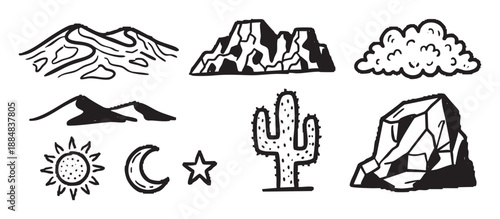 Hand-drawn black and white desert icons featuring a cactus, mountains, sun, moon, and star in a rough, sketchy doodle style for nature and travel themed designs