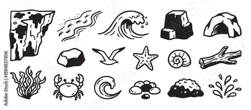 Collection of hand-drawn seaside icons featuring a crab, wave, starfish, rock, and seashell in a simple black and white doodle style for nature and coastal themes