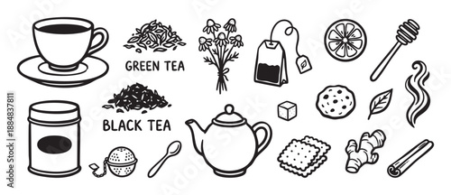 Hand-drawn set of tea time icons featuring a cup, teapot, loose leaf tea, lemon, honey, and spices for a cozy beverage concept, illustrated in a simple black and white doodle style