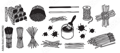 Set of hand-drawn incense making supplies including joss sticks, bundles, a drying rack, fragrance can, brush, and twine in a black and white sketch style illustration
