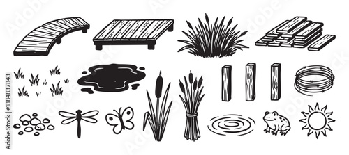 Set of hand-drawn pond life illustrations featuring a frog, dragonfly, wooden bridge, reeds, and other swamp elements in a black and white doodle sketch style for creative projects