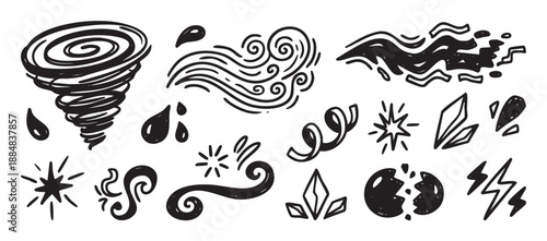 Set of hand-drawn black weather icons featuring a tornado, wind, rain, and lightning in a sketchy doodle style for climate and storm concepts