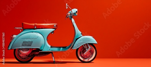 Vintage style scooter with classic design, turquoise body, and orange leather seat on red background, showcasing nostalgic charm.