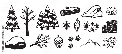 Hand-drawn winter nature elements collection featuring fir trees, a bare branch, snowflakes, animal footprints, and a mountain peak in a monochrome doodle illustration set