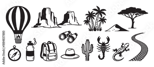 Hand-drawn collection of travel and adventure icons featuring a hot air balloon, backpack, compass, and desert elements like a cactus and scorpion in a black silhouette style