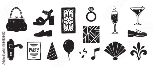 Set of black hand-drawn party icons featuring a handbag, shoes, diamond ring, champagne, and balloon in a festive doodle style illustration collection for celebrations