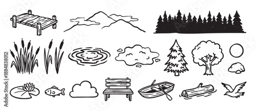 Collection of hand-drawn black ink icons featuring nature and outdoor elements like a forest, mountains, lake, boat, dock, and trees in a simple doodle sketch style illustration
