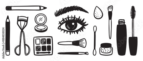 Black and white doodle illustration set of various makeup and beauty products like mascara, eyeshadow, brushes, and an eyelash curler in a simple hand drawn graphic style