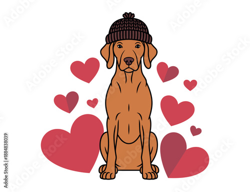 A cute dog wearing a beanie surrounded by red hearts on a white background