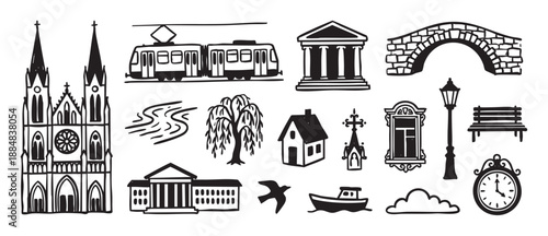 Collection of black hand-drawn city icons featuring a cathedral, tram, bridge, and other urban elements in a simple graphic linocut style for travel and tourism concepts