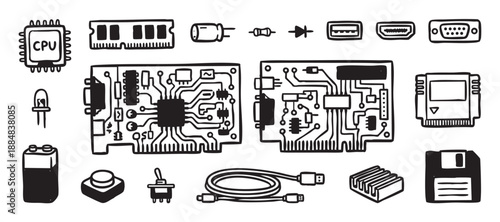 Hand-drawn black and white electronic components set including a CPU, circuit board, RAM, and floppy disk in a simple doodle style illustration for technology concepts