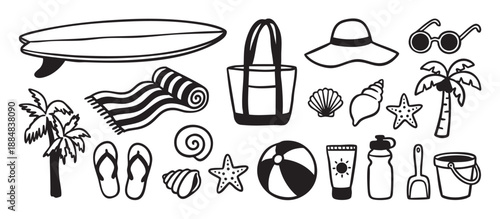 Collection of black and white beach icons including a surfboard, palm tree, sunglasses, and sunscreen in a simple hand-drawn doodle style for summer vacation themes