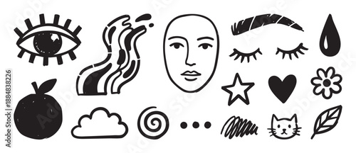 Collection of various black hand-drawn doodle elements like an eye, face, heart, star, cat, and flower, presented as a minimalist and artistic set of modern sketch icons