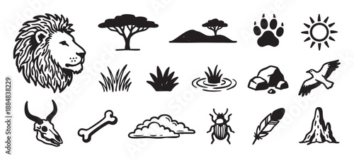 Collection of hand-drawn safari icons featuring a lion head, acacia tree, paw print, animal skull, and other savanna wildlife elements in a black and white sketch style
