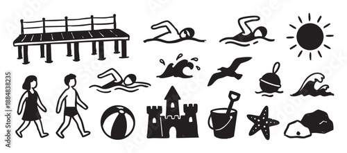 Set of hand-drawn black beach icons featuring summer vacation elements like a sandcastle, swimmers, a pier, and a sun in a simple doodle style illustration collection