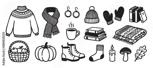 Collection of hand-drawn cozy autumn icons featuring a warm sweater, knitted scarf, pumpkin, books, and a hot drink, representing a hygge lifestyle in a simple doodle vector style