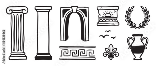 Set of hand-drawn ancient cultural symbols and architectural elements like a column, arch, amphora, and laurel wreath in a minimalist black ink illustration style