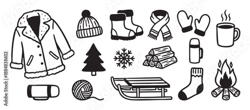 Collection of hand-drawn winter season doodles featuring cozy clothes like a coat and hat, a warm drink, a campfire, and outdoor activity elements in a simple monochrome style