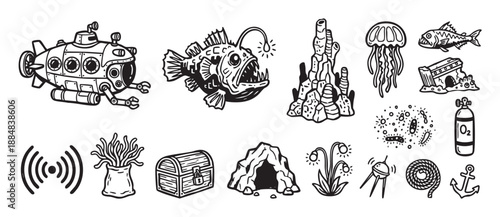 Set of hand-drawn deep sea icons featuring a submarine, anglerfish, treasure chest, jellyfish, and anchor in a black and white cartoon doodle line art illustration style