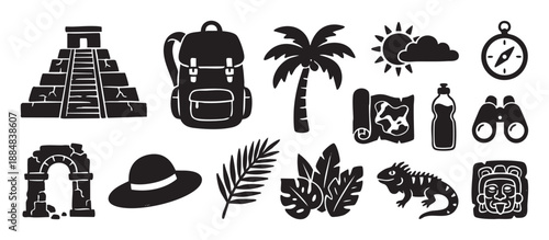 Collection of black travel and adventure icons featuring a pyramid, backpack, map, and compass for jungle exploration and tourism themes, presented in a simple silhouette style