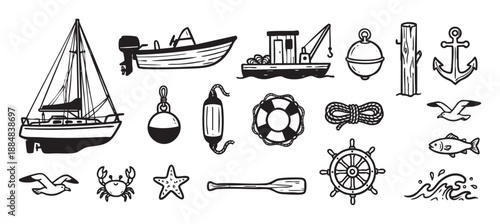 Collection of hand-drawn nautical icons in a black and white sketch style featuring a sailboat, anchor, ship's wheel, fishing boat, crab, and other maritime elements