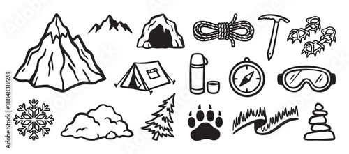 Set of hand-drawn black doodle icons for mountaineering and hiking, featuring a mountain, tent, ice axe, compass, and other adventure equipment in a simple sketch style illustration