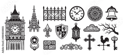 Set of hand-drawn vintage European icons featuring a clock tower, gothic architecture, heraldic shield, antique key, and other historical symbols in a bold graphic style