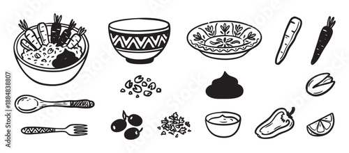 Hand-drawn black and white food illustrations set featuring a bowl with carrots, utensils, olives, lemon, and other ingredients in a rustic, sketchy doodle style