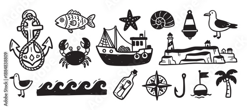 Collection of hand-drawn nautical icons featuring an anchor, fishing boat, lighthouse, crab, and other sea-themed elements in a simple black and white doodle style illustration set