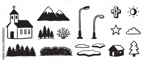 Collection of hand-drawn doodle icons featuring a church, mountains, trees, house, and other town and nature elements in a simple black and white sketch illustration style