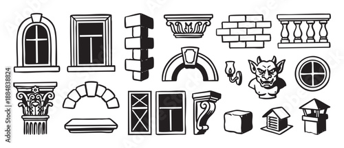 Hand-drawn architectural design elements collection featuring various windows, a Corinthian column, a gargoyle, a balustrade, and arches in a simple black and white graphic style