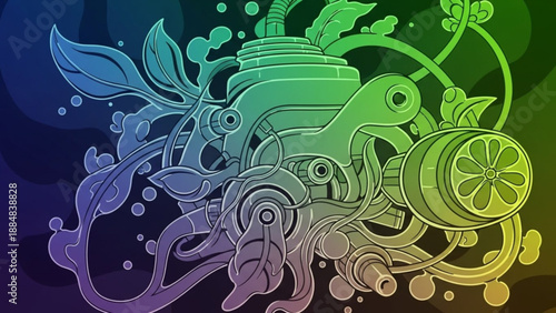 A vibrant, colorful illustration of a mechanical device surrounded by aquatic plants and flowers on transparent background