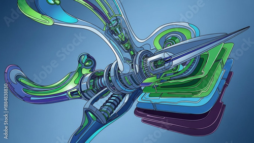 A futuristic robotic illustration with swirling green and blue lines on a transparent background