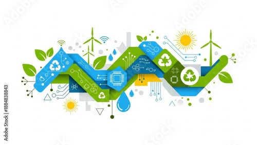 A colorful vector graphic illustrating eco-friendly technology and sustainable energy on transparent background