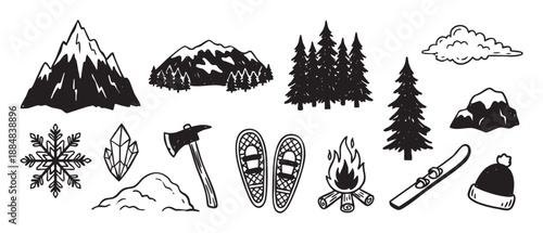 Hand-drawn collection of winter adventure icons including mountains, pine trees, a campfire, snowboard, and axe in a black and white doodle style for outdoor and camping themes