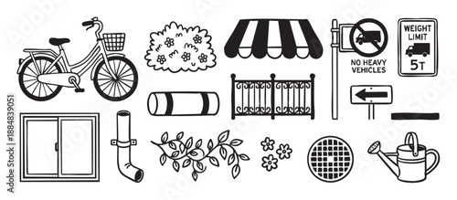 Collection of black and white hand-drawn urban and garden objects including a bicycle, traffic signs, and a watering can, presented as a simple doodle style illustration set