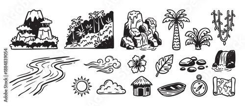 Hand-drawn black and white tropical island icons set featuring a volcano, palm trees, jungle, waterfall, hut, and adventure elements in a simple doodle sketch style illustration