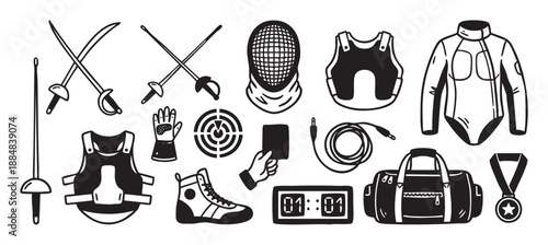 Collection of black and white fencing equipment illustrations in a bold graphic style, showing a sword, mask, protective vest, glove, medal, and other sport accessories