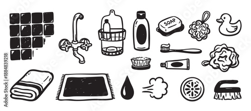 Hand-drawn black and white bathroom icon set featuring various hygiene and cleaning items like soap, shampoo, a toothbrush, towel, and rubber duck in a simple doodle sketch style