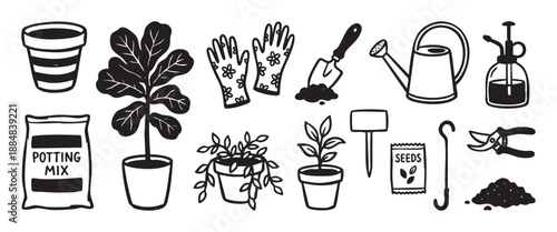 Set of hand-drawn gardening and houseplant doodle icons with a watering can, trowel, gloves, and potted plants in a simple black and white illustration style