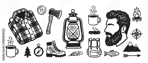 Hand-drawn collection of camping and hiking icons featuring a lumberjack, lantern, axe, and backpack in a black and white doodle style for adventure and outdoor themes