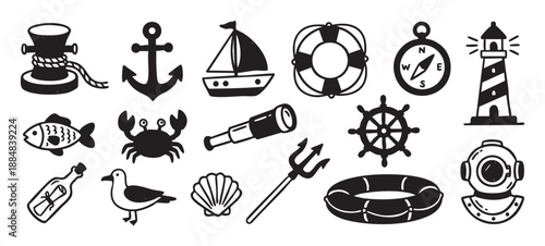 Set of hand-drawn nautical icons featuring an anchor, lighthouse, sailboat, and compass in a simple black and white doodle style illustration for maritime and sea travel themes