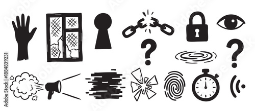 Collection of hand-drawn black icons representing crime, investigation, and mystery, including a broken chain, padlock, fingerprint, and question mark in a simple doodle style