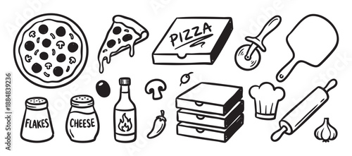 Set of hand-drawn pizza making icons including a whole pie, slice, box, cutter, ingredients, and cooking tools in a black and white doodle style illustration
