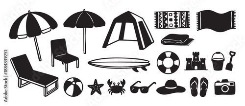 Large set of black hand-drawn beach vacation icons including a sun umbrella, lounge chair, surfboard, and sandcastle for summer holiday themes and designs