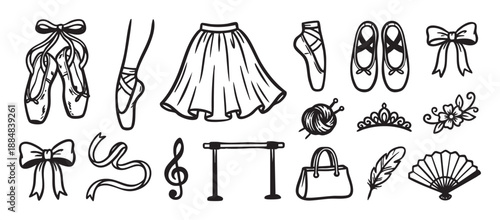 Collection of black hand drawn ballet themed doodle illustrations including pointe shoes, a tutu skirt, barre, tiara, and other dance accessories in a simple line art style