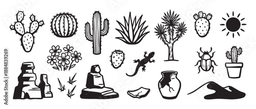 Hand drawn set of desert icons featuring various cacti, a lizard, beetle, sun, and rock formations in a simple black and white graphic illustration style for nature themes