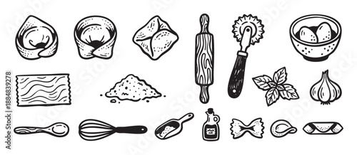 Hand-drawn black and white pasta making icons featuring tortellini, ravioli, flour, a rolling pin, and other kitchen utensils in a vintage sketch style for culinary design