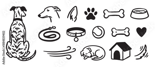 Collection of black hand-drawn dog icons including a greyhound, paw print, bone, collar, leash, and kennel in a minimalist graphic doodle style for pet care concepts