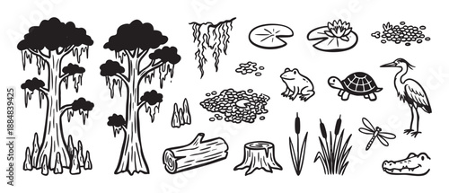 Collection of hand-drawn swamp ecosystem icons including a cypress tree, alligator, frog, turtle, heron, and various wetland plants in a simple black and white graphic style